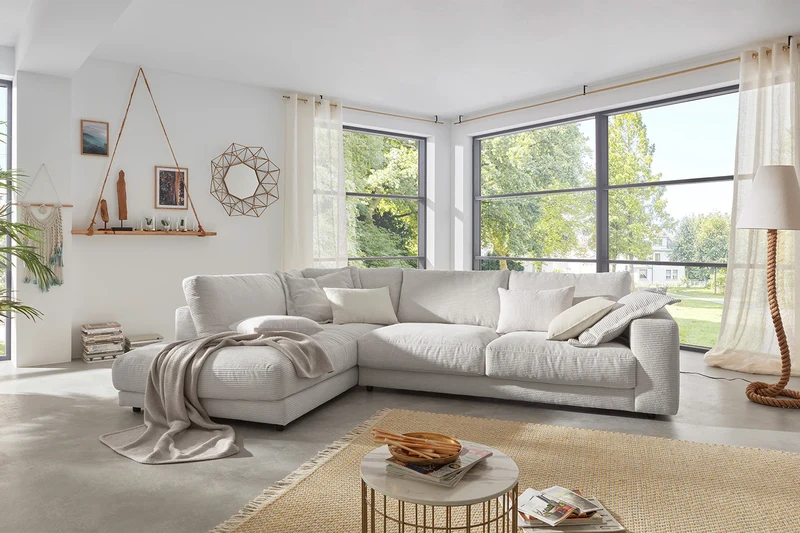 KAWOLA Sofa MADELINE Ecksofa mit Recamiere Cord hellgrau