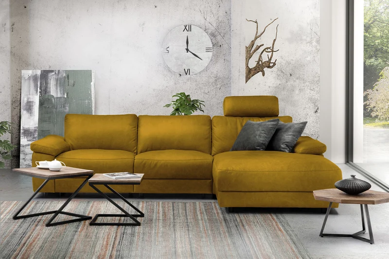 KAWOLA Sofa LOLA Ecksofa Stoff curry mit motorischer Relaxfunktion