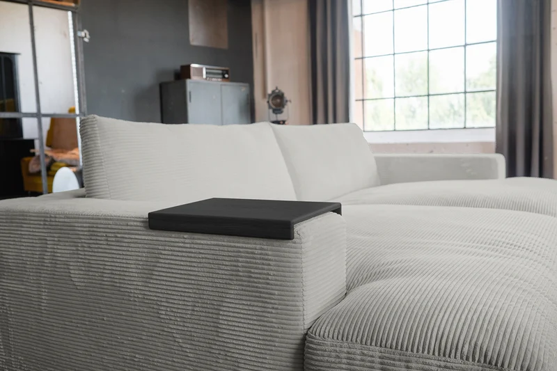 KAWOLA Big Sofa MADELINE Cord hellgrau mit Hocker und 4 Zierkissen