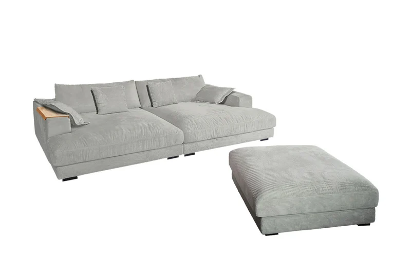 KAWOLA Big Sofa MADELINE Cord hellgrau mit Hocker und 4 Zierkissen