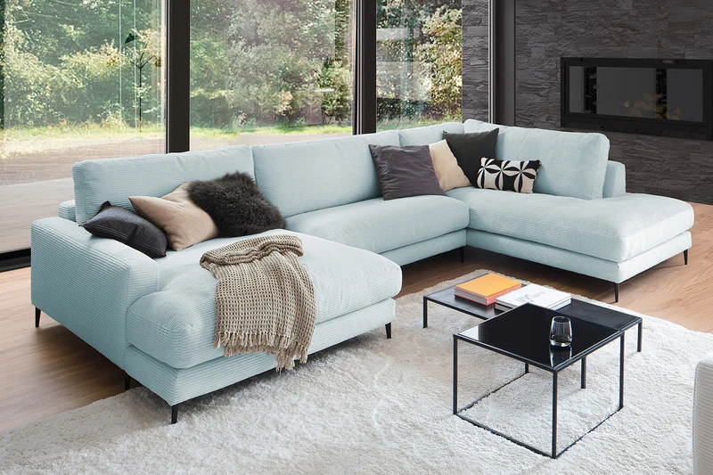 KAWOLA Sofa CARA Wohnlandschaft U-Form Cord hellblau
