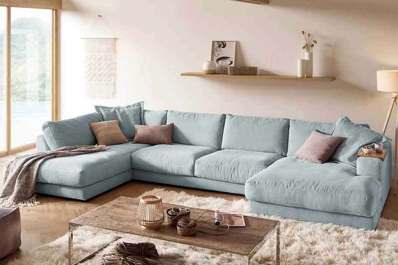 KAWOLA Sofa MADELINE Wohnlandschaft U-Form Cord hellblau
