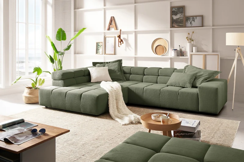 KAWOLA Sofa NEVADA Ecksofa Feincord olivgrün