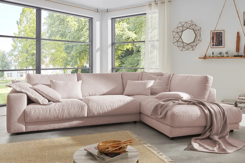 KAWOLA Sofa MADELINE Ecksofa mit Recamiere Cord rosa