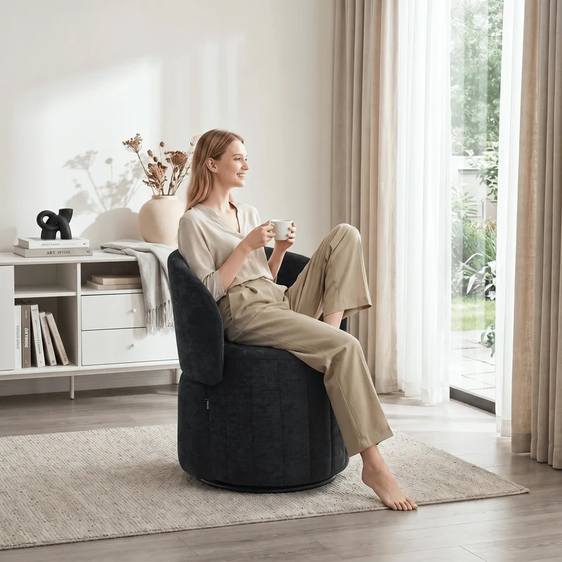 Barrel Accent Chair with 360° Swivel & Foldable Backrest