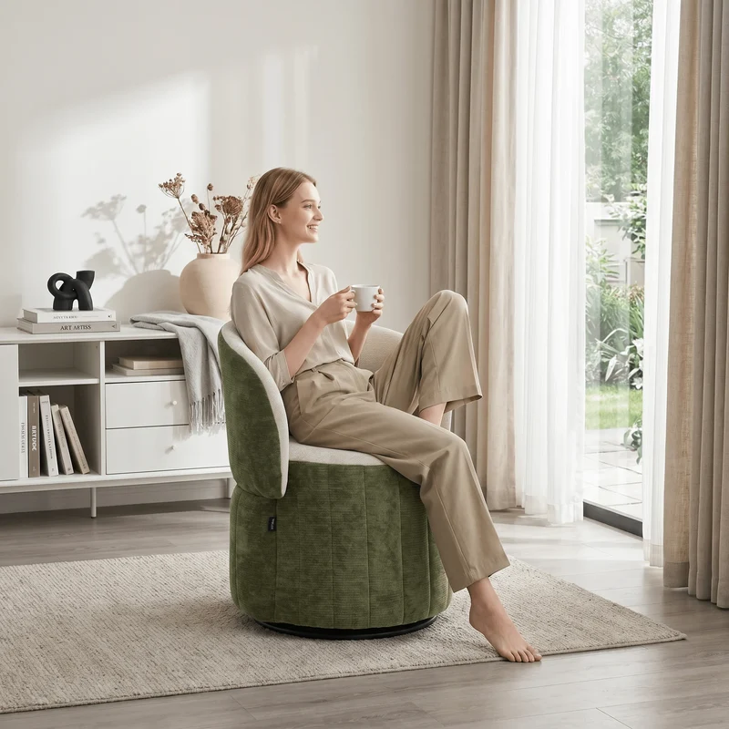 Barrel Accent Chair with 360° Swivel & Foldable Backrest