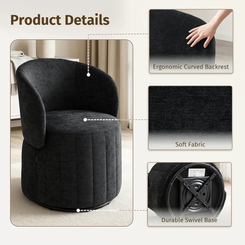 Barrel Accent Chair with 360° Swivel & Foldable Backrest