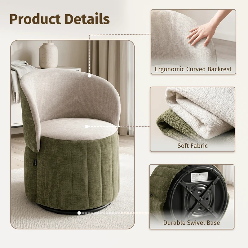 Barrel Accent Chair with 360° Swivel & Foldable Backrest