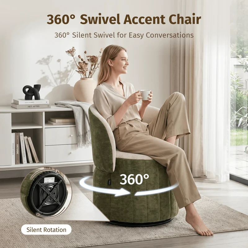 Barrel Accent Chair with 360° Swivel & Foldable Backrest