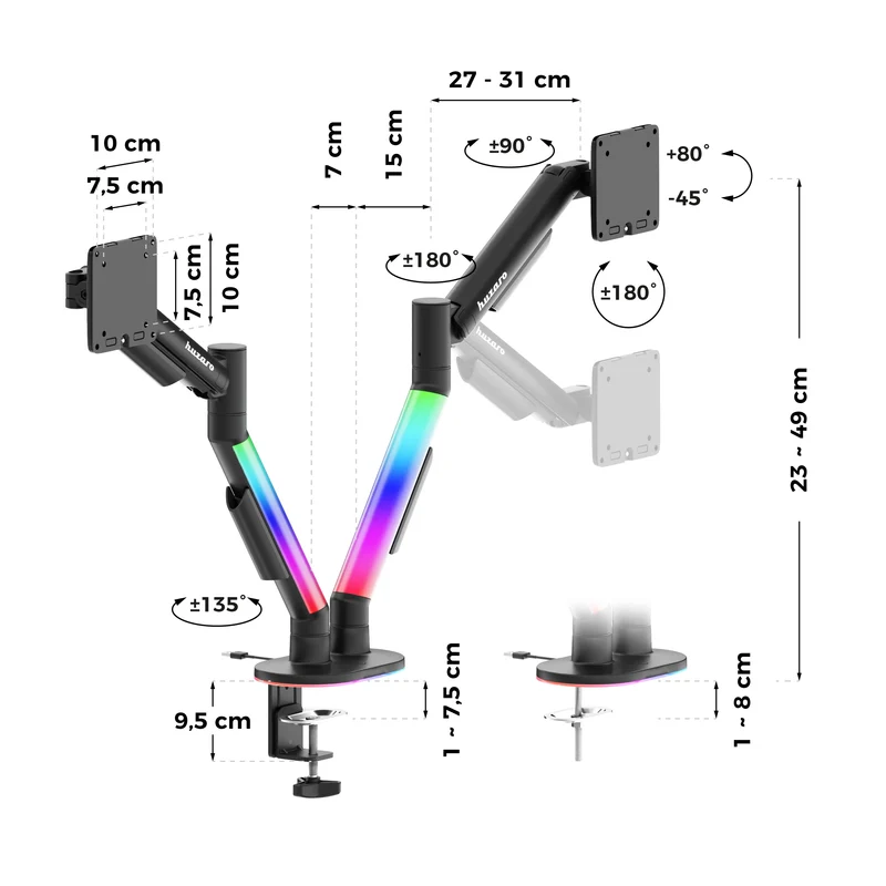 Uchwyt do biurka na 2 monitory Huzaro Motion 2.6 RGB