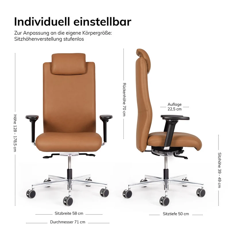 lento Ergonomischer Bürostuhl XL Agilis AG12 Leder - Schwerlaststuhl bis 200 KG