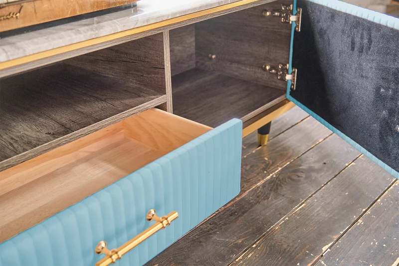 KAWOLA Lowboard MARIA TV-Bank Marmorplatte Kunstleder hellblau