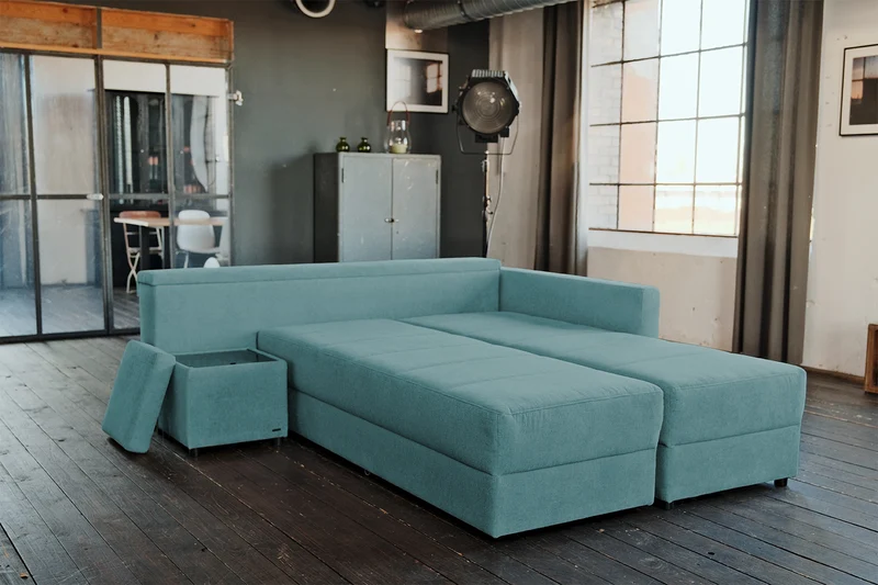 KAWOLA Schlafsofa IDA Sofa Boxspringbett Stoff petrol mit Topper