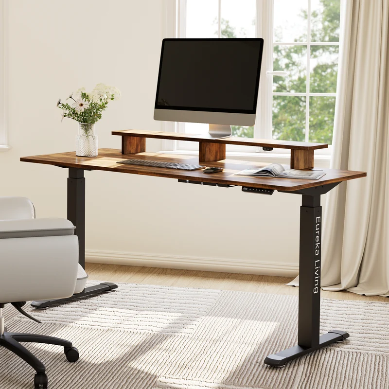 63" x 29" Walnut Height Adjustable Desk with RGB Monitor Stand
