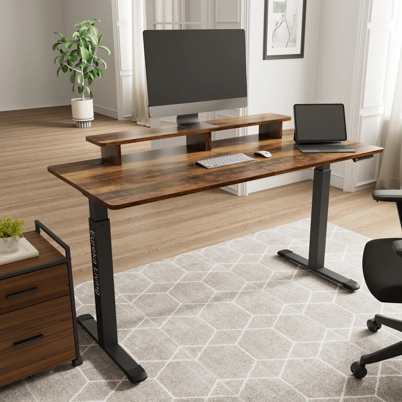 63" x 29" Walnut Height Adjustable Desk with RGB Monitor Stand