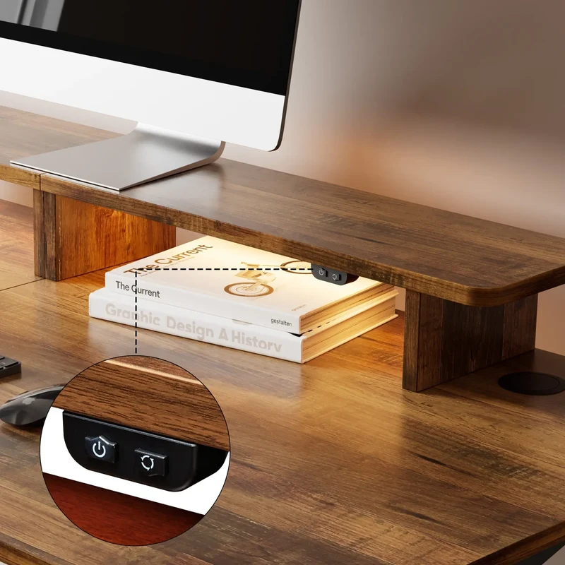 63" x 29" Walnut Height Adjustable Desk with RGB Monitor Stand