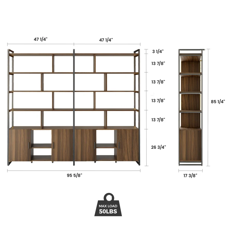 Napa Wood Bookcase Cabinet, Bottom Storage, Adjustable Book Shelves