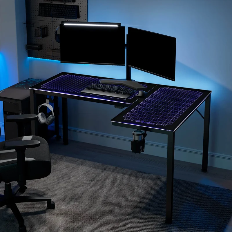 GTG - L60, L-Shaped Glass LED Gaming Desk (60"x40")