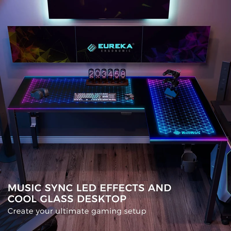 GTG - L60, L-Shaped Glass LED Gaming Desk (60"x40")