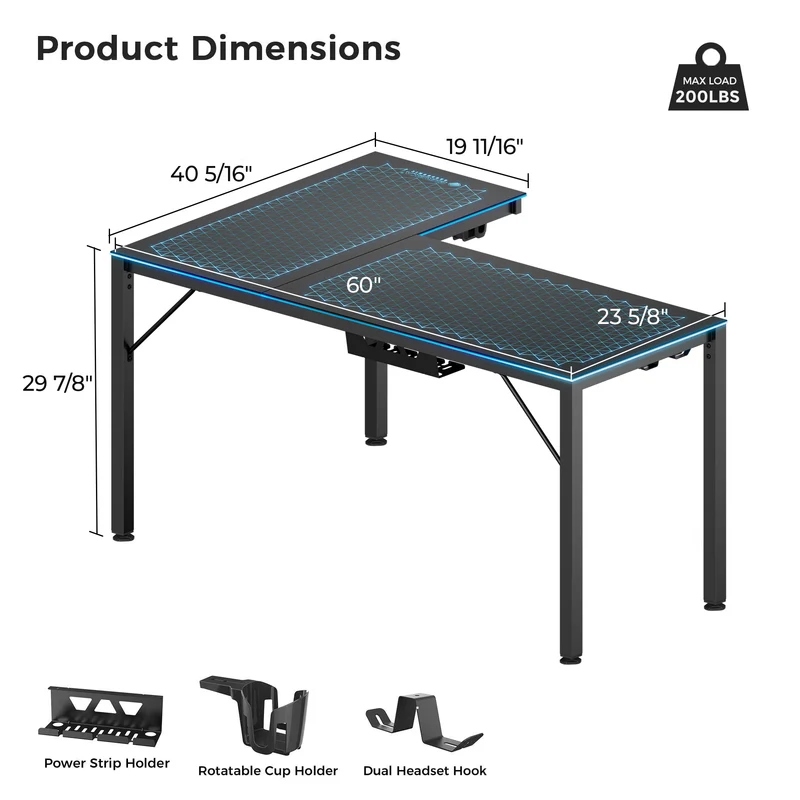 GTG - L60, L-Shaped Glass LED Gaming Desk (60"x40")