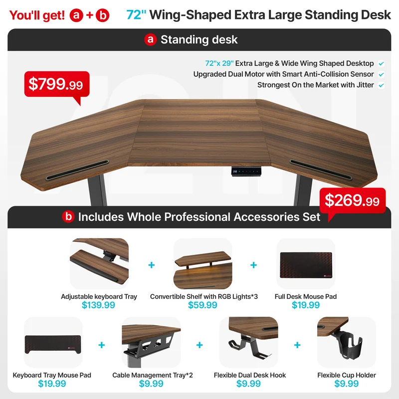 Aero Pro Wing-Shaped Standing Desk (72"x23")