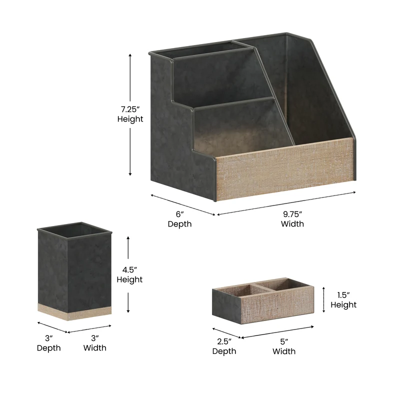 Nessa Three Piece Industrial Desk or Vanity Organizer Set with Foam Pads