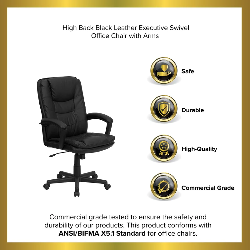 High Back Leather Executive Swivel Office Chair with Layered Padded Seat and Arms