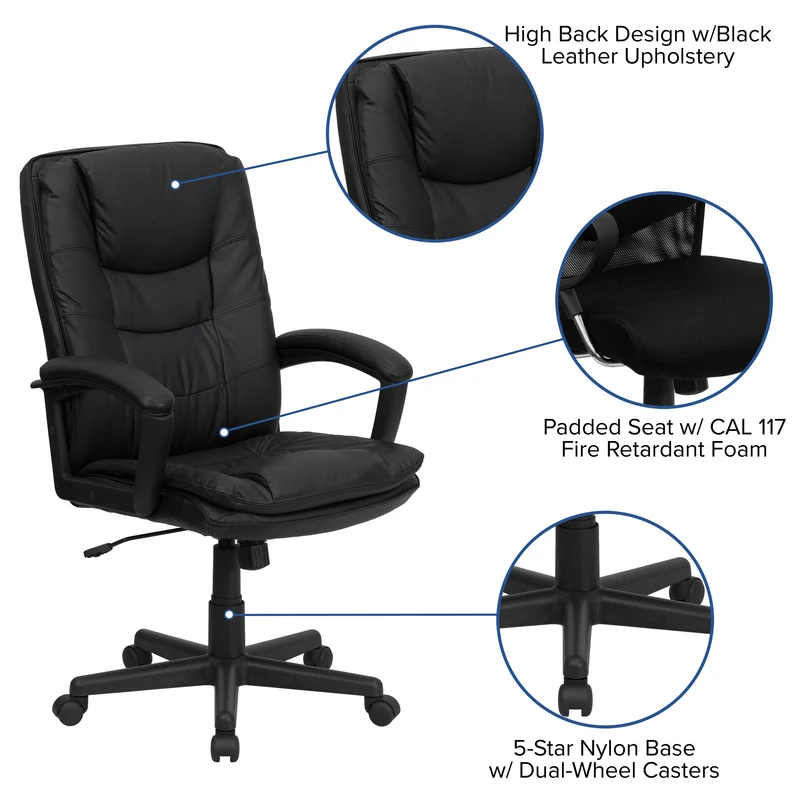 High Back Leather Executive Swivel Office Chair with Layered Padded Seat and Arms