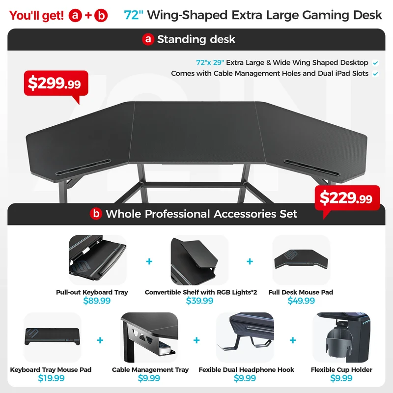 Aero Wing-Shaped Studio Desk, Black (63" & 72'')