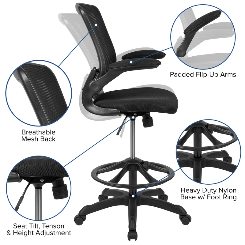 Mid-Back Mesh Ergonomic Drafting Chair with Foot Ring and Flip-Up Arms
