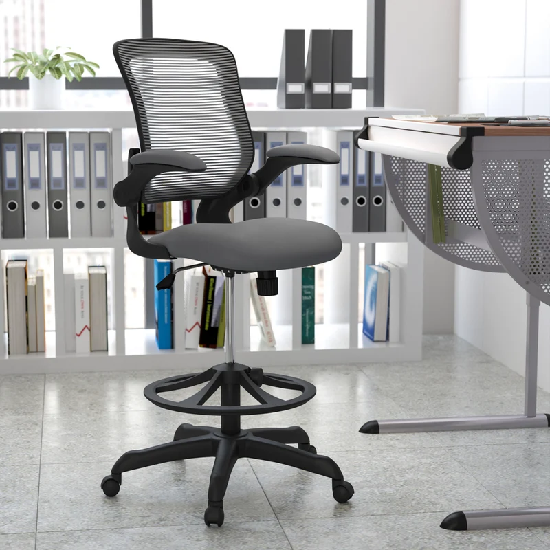 Mid-Back Mesh Ergonomic Drafting Chair with Foot Ring and Flip-Up Arms