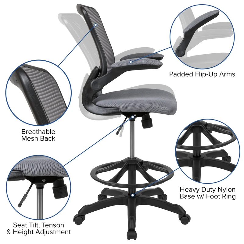 Mid-Back Mesh Ergonomic Drafting Chair with Foot Ring and Flip-Up Arms
