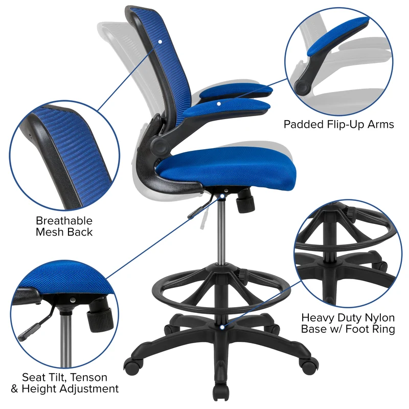 Mid-Back Mesh Ergonomic Drafting Chair with Foot Ring and Flip-Up Arms