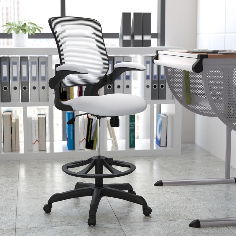 Mid-Back Mesh Ergonomic Drafting Chair with Foot Ring and Flip-Up Arms