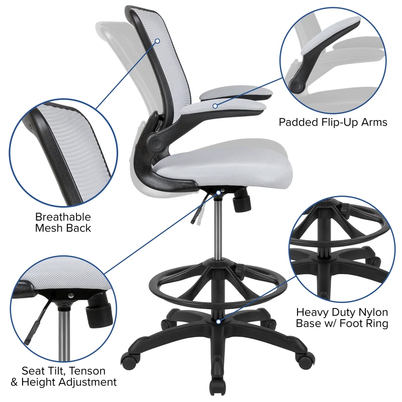 Mid-Back Mesh Ergonomic Drafting Chair with Foot Ring and Flip-Up Arms