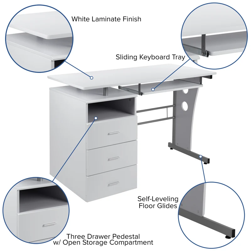 Desk with Three Drawer Single Pedestal and Pull-Out Keyboard Tray