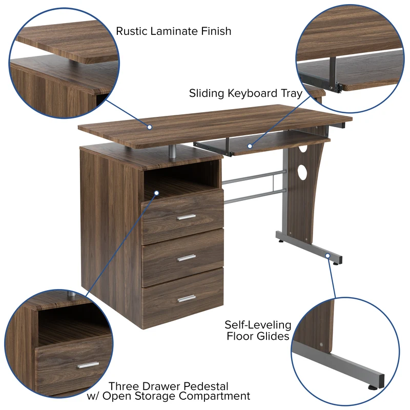 Desk with Three Drawer Single Pedestal and Pull-Out Keyboard Tray