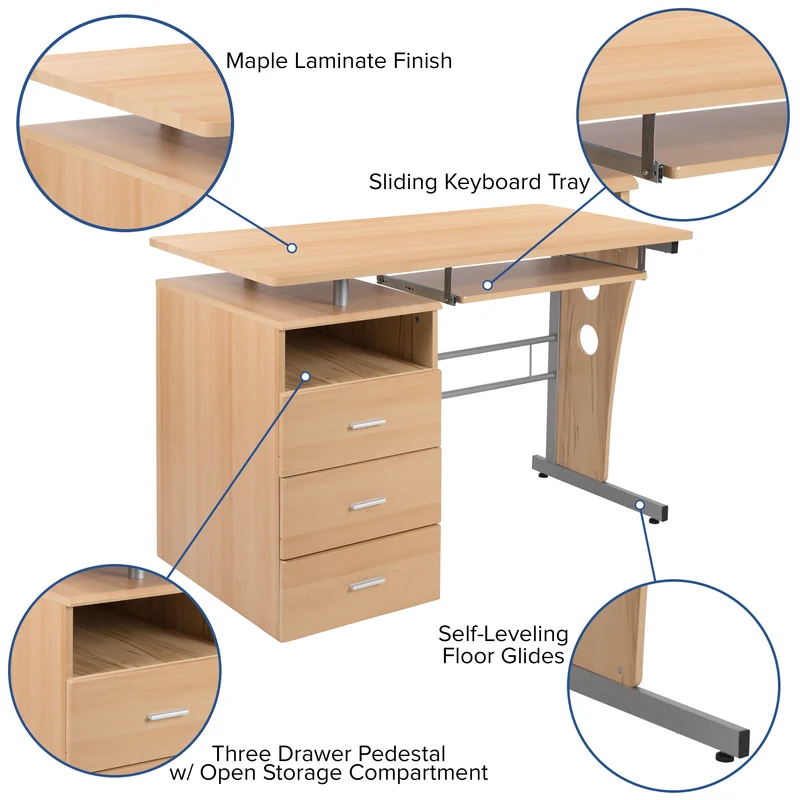 Desk with Three Drawer Single Pedestal and Pull-Out Keyboard Tray