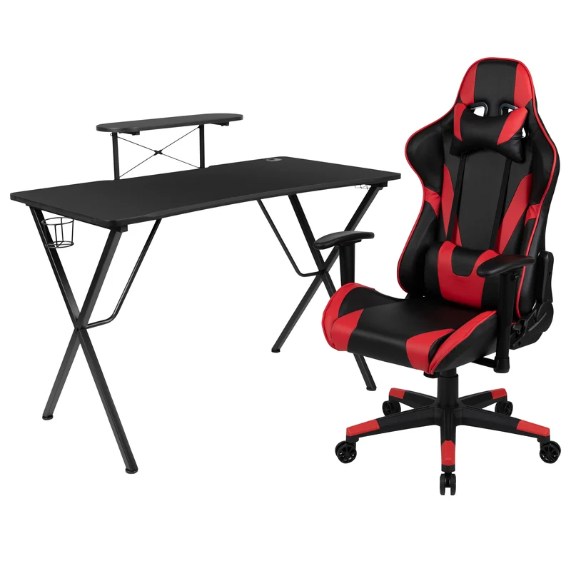 BlackArc Gaming Desk & Chair Set - Cup Holder, Headphone Hook, and Monitor Stand