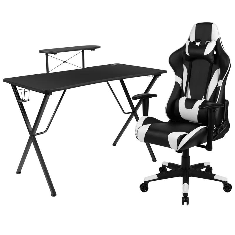 BlackArc Gaming Desk & Chair Set - Cup Holder, Headphone Hook, and Monitor Stand