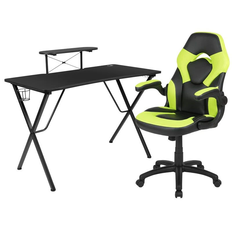 BlackArc Gaming Desk and Racing Chair Set with Headphone Hook, and Monitor Stand