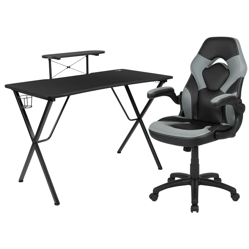 BlackArc Gaming Desk and Racing Chair Set with Headphone Hook, and Monitor Stand