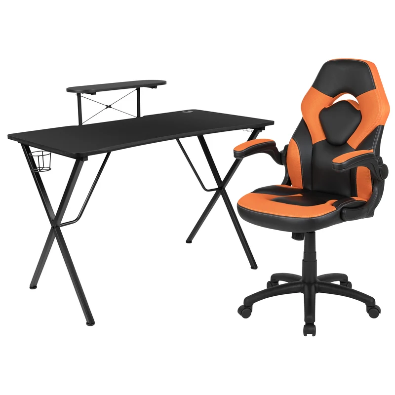 BlackArc Gaming Desk and Racing Chair Set with Headphone Hook, and Monitor Stand