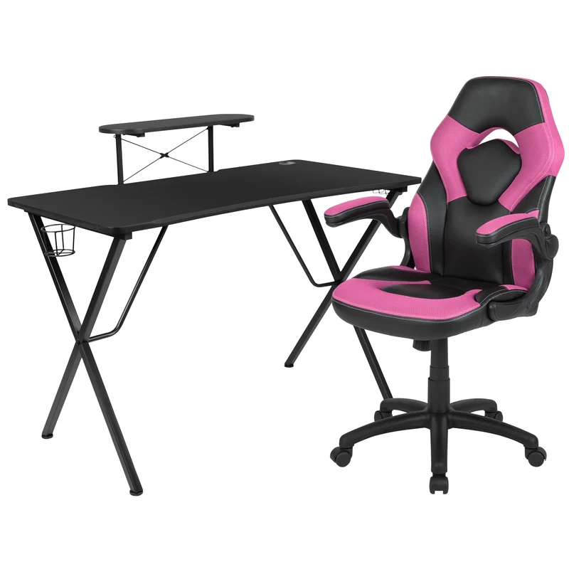 BlackArc Gaming Desk and Racing Chair Set with Headphone Hook, and Monitor Stand