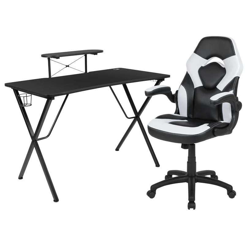 BlackArc Gaming Desk and Racing Chair Set with Headphone Hook, and Monitor Stand