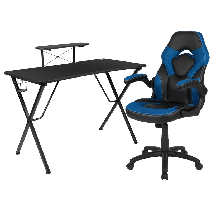 BlackArc Gaming Desk and Racing Chair Set with Headphone Hook, and Monitor Stand