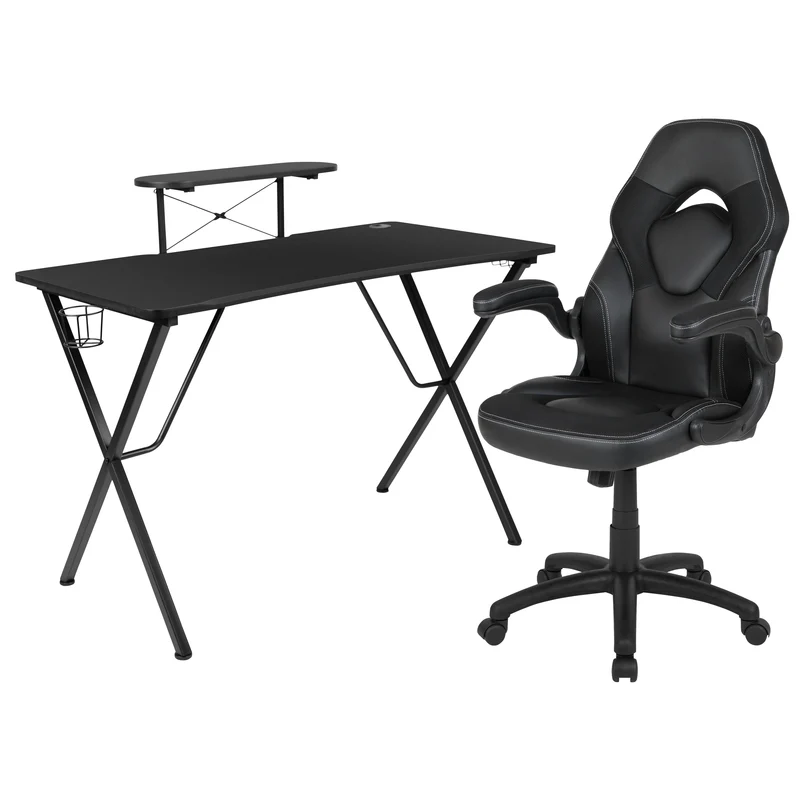 BlackArc Gaming Desk and Racing Chair Set with Headphone Hook, and Monitor Stand