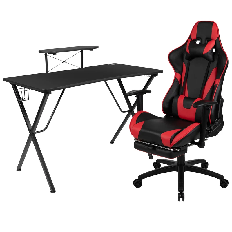 BlackArc Gaming Desk & Chair Set - Cup Holder, Headphone Hook, and Monitor Stand