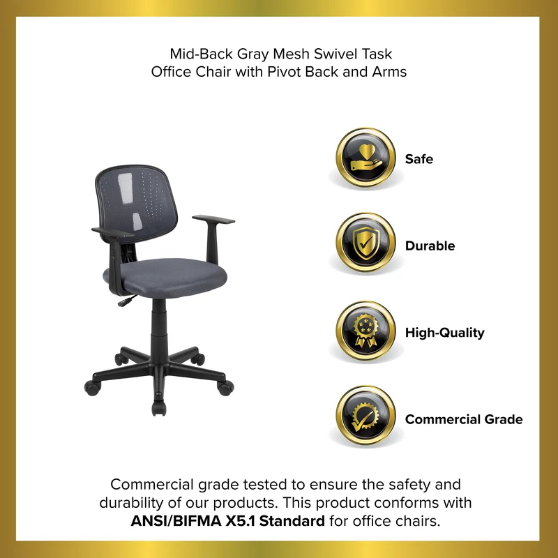 Pivot Back Mesh Swivel Task Office Chair with Arms, BIFMA Certified