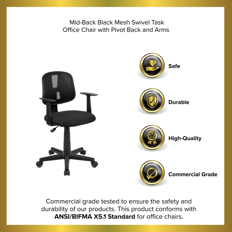 Pivot Back Mesh Swivel Task Office Chair with Arms, BIFMA Certified